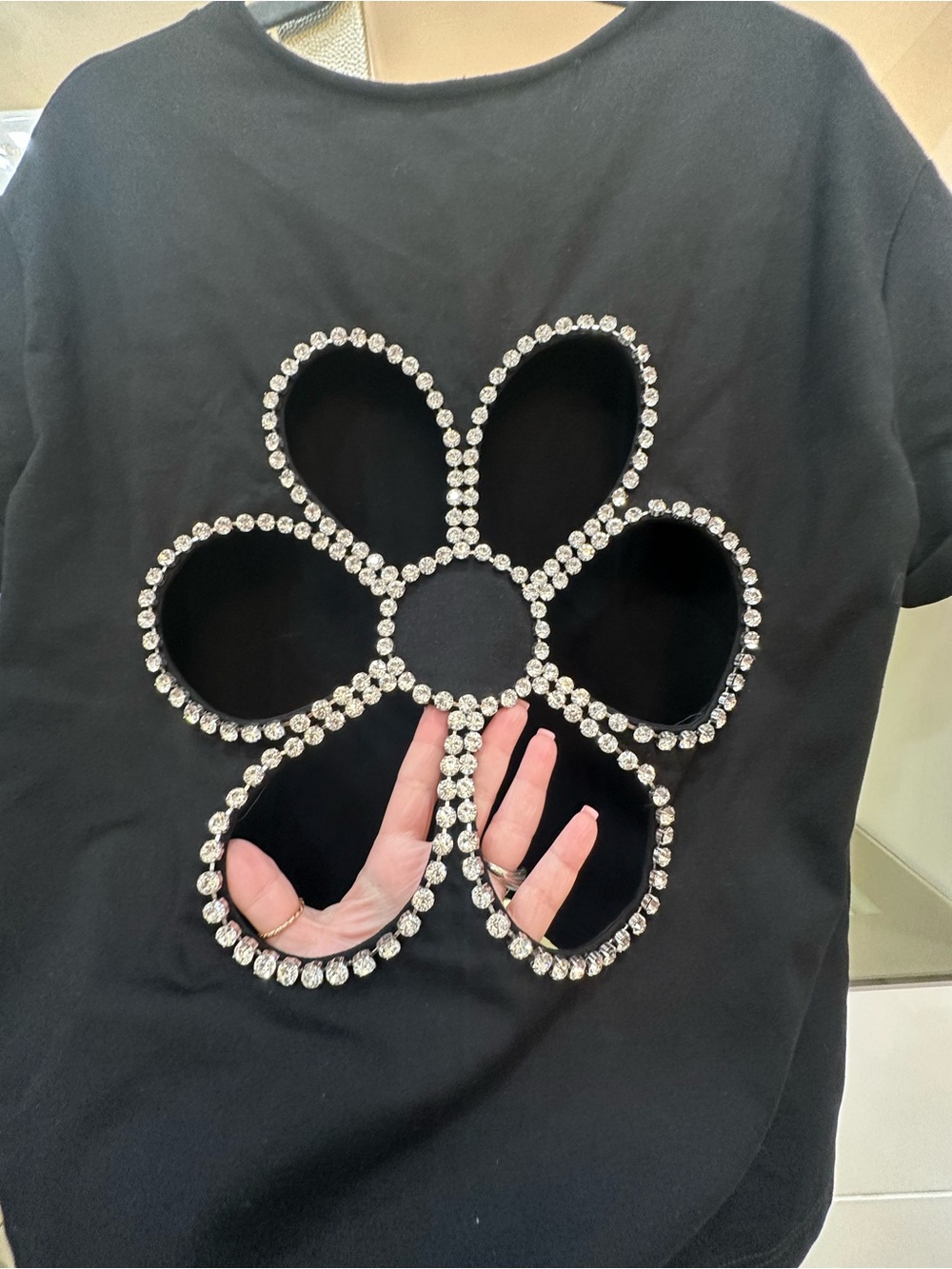 AREA Black Short Sleeve Tee with Crystal Flower Size large - Picture 3 of 7